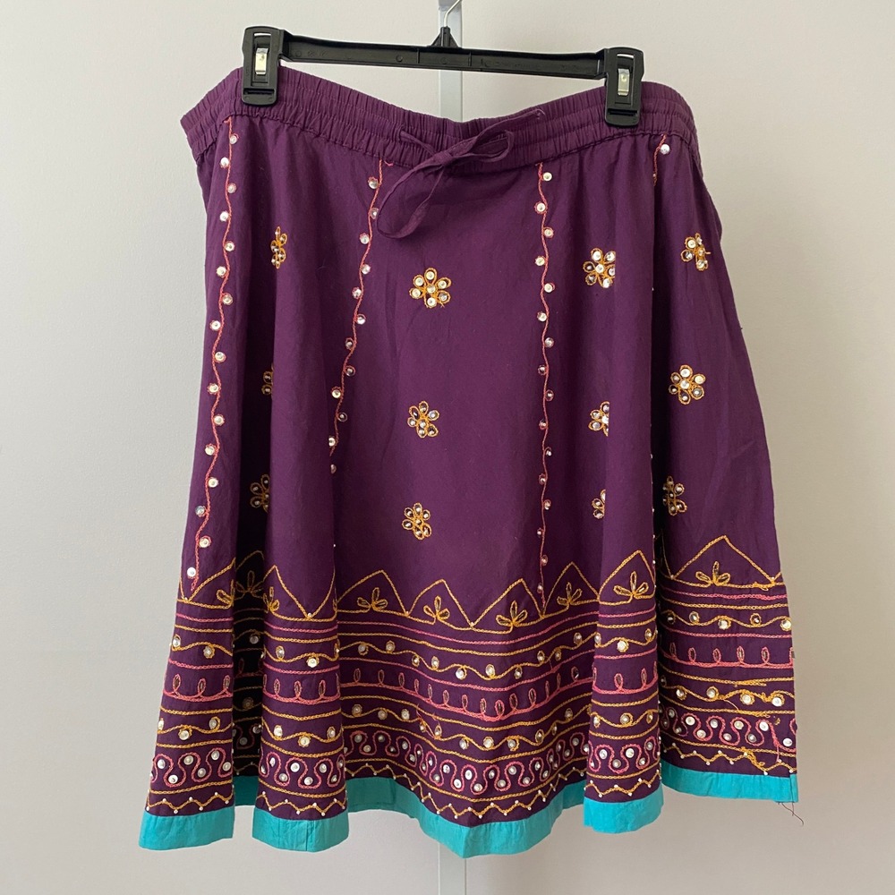 Raja Cotton Boho Beachy Peasant Sequin Embroidered Mini Skirt Teen Purple